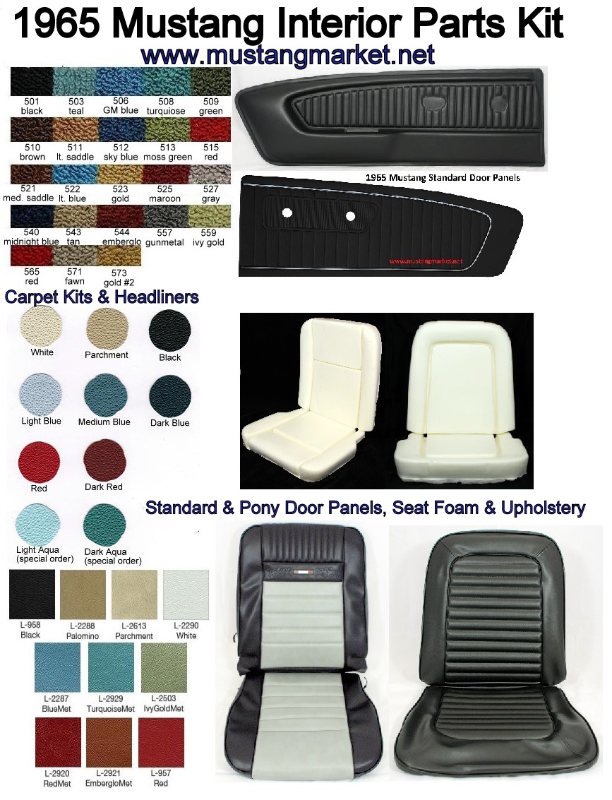 1965 Mustang Coupe Complete Interior Kit – Seat Upholstery, Door Panels, Visors, Headliner (13 Pieces, Your Color)